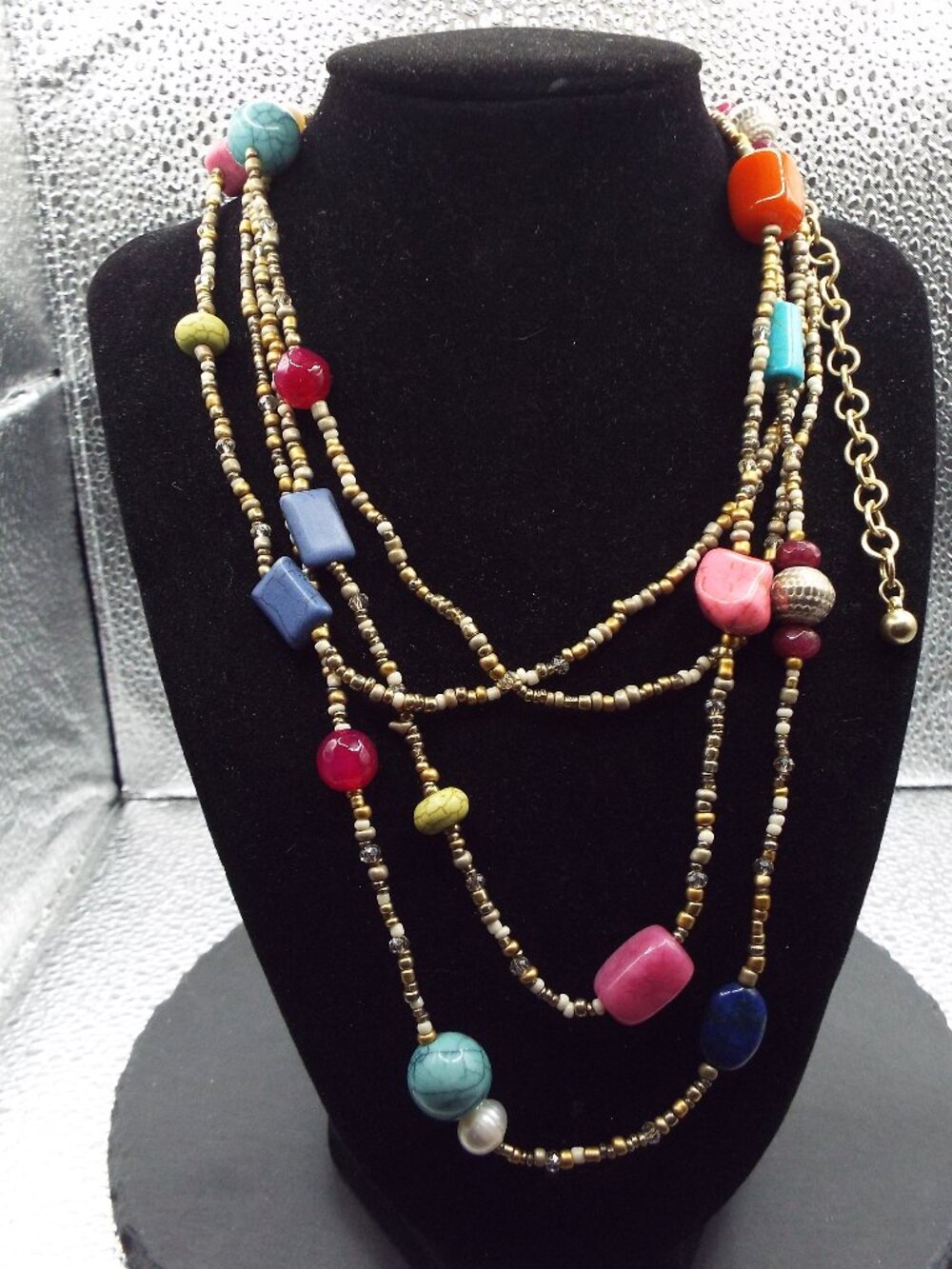 CHICO'S GLASS SEED BEAD W/CANDY LUCITE "STONES" 42" L. TWO STRAND NECKLACE 19
